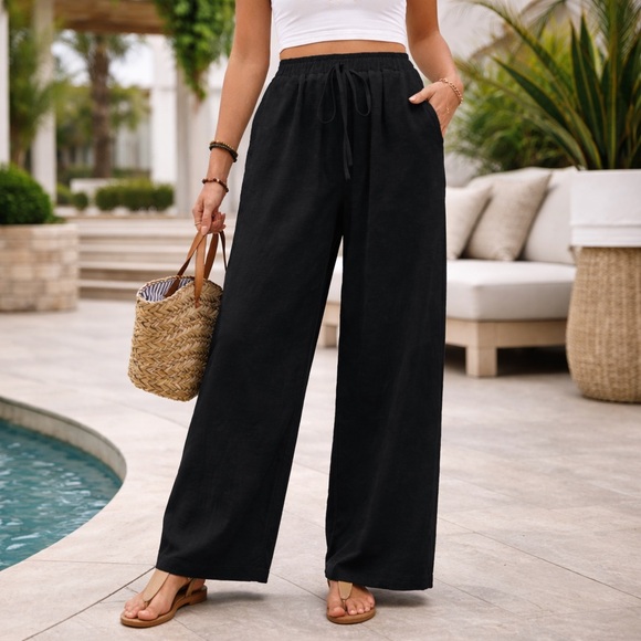 100% cotton preppy boho beach lounge pants classic summer wide leg pants white - Picture 5 of 7